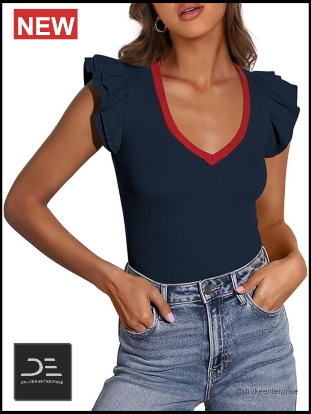 Ruffle Sleeveless Slim Fit V Neck Tank Top Blouse Casual Going Out Tee